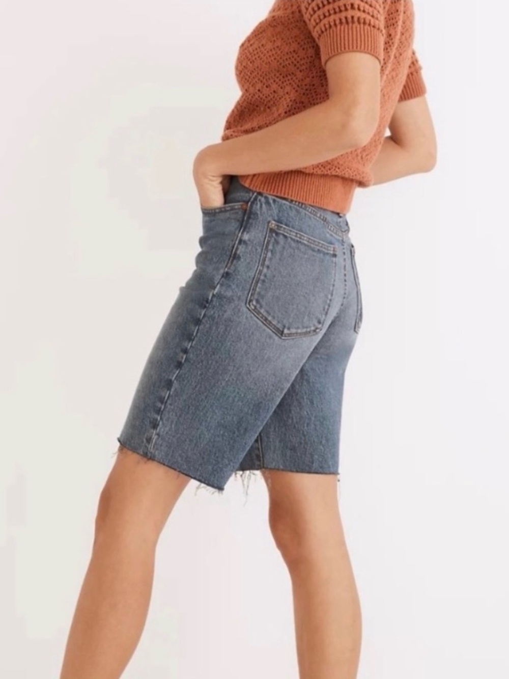 Madewell High-Rise Long Denim Shorts 28 frayed hem button fly jorts